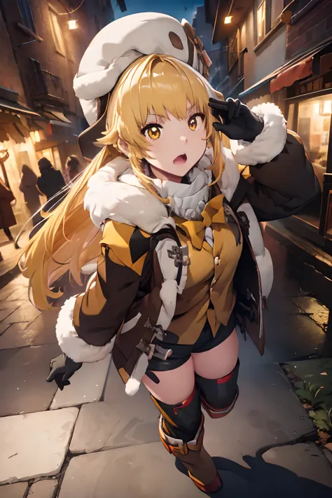 masterpiece, best quality, ((hook)), blonde hair, (yellow hair), gloves, yellow eyes, boots, 1girl, (fur trim), (jacket), bangs,...