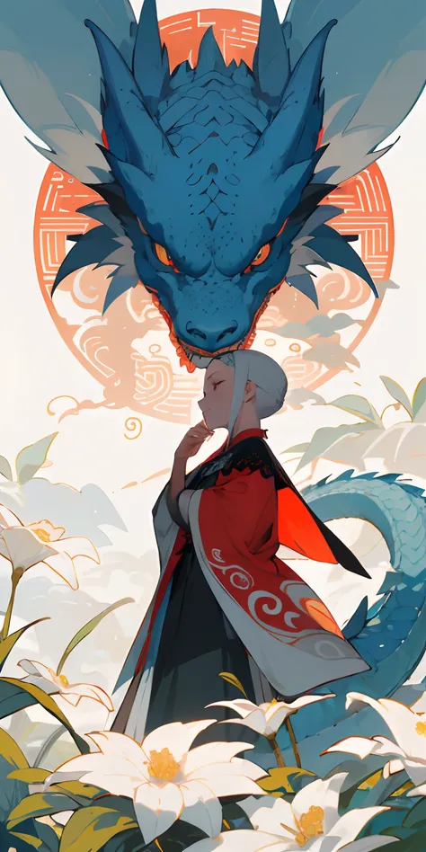 (obra-prima, melhor qualidade),1garota com longos cabelos escuros em um campo de plantas e flores vermelhas, the hand under his chin, warm ilumination, vestido azul, primeiro plano desfocado, livros, A giant gray Chinese dragon by your side