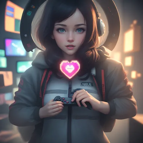 Video Game Control Inside a Heart, fondo rojo con reflejo de luz, High-resolution 8K image, imagen de 8 bits con mujer animada futurista con control de video juegos, texto cultura de mancos