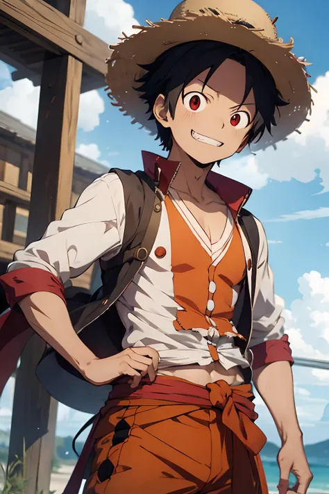 Demon slayer character Tanjiro Kamado, male, dressed as Luffy from One piece, smiling