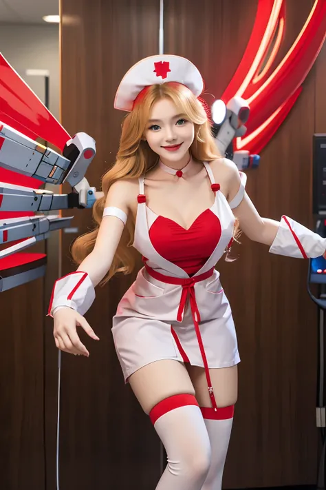 Woman, beautiful, nurse outfit with red love patern, nurse hat, robotic wing, smile, long blonde hair, in hospital, detailed background, 8K, extreme detailed, high quality