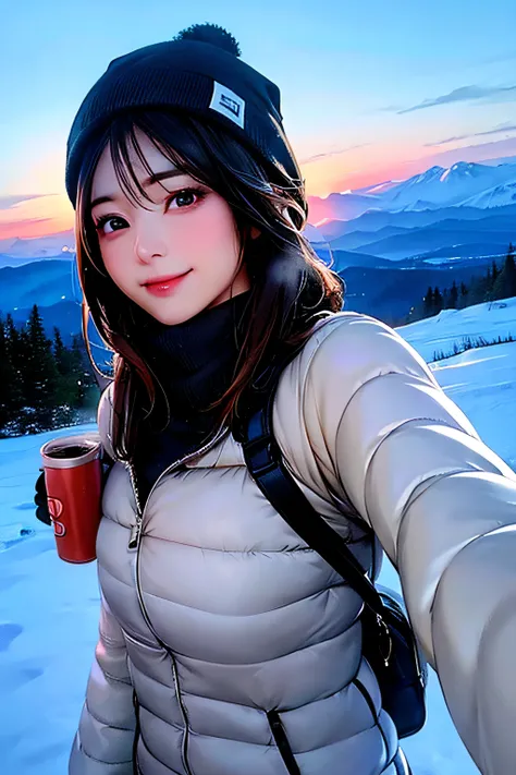 (Upper body selfie:1.3),Winter climbing,With a superb view from the summit in the background,Beautiful sunrise,Remove the beam from above,Backlighting,Generate images of beautiful women around the world,Especially while reflecting elements of Western beaut...