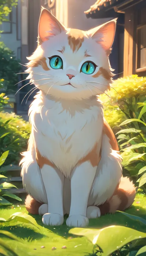 (top-quality,4K,8K,hight resolution,​masterpiece:1.2),ultra-detailliert,(realist,Photorealista,Photorealista:1.37),Beautiful fece,A detailed eye,Detailed lips,ighly detailed,Beautiful fece,Playful cat in the garden,brightened light,brightened light,Magic l...