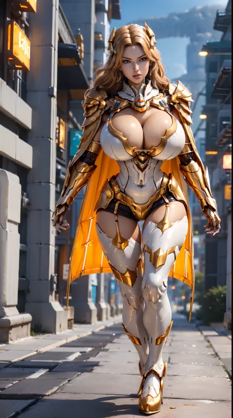 1GIRL, SOLO, (dark hair, hair gold ornament), (HUGE FAKE BOOBS:1.3), (white, orange, gold, FUTURISTIC BAHAMUT DRAGON MECHA ARMOR, ROYAL CAPE, CLEAVAGE, SKINTIGHT YOGA HOTPANTS, HIGH HEELS:1.5), (NSFW GLAMOROUS BODY, SEXY LONG LEGS, FULL BODY:1.3), (FROM FR...