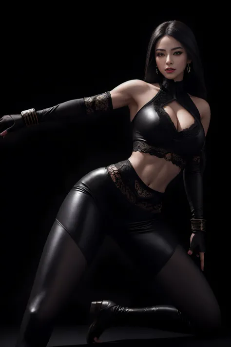 (masterpiece, top quality, best quality, official art, beautiful and aesthetic:1.2), (1girl:1.3), (fractal art:1.3), solo, Jade from mortal kombat, Mortal Kombat video game, black headband, long hair, large breasts, deep cleavage, beautiful face, Asian lad...