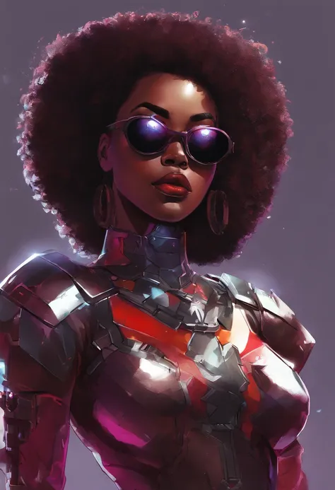 Garnet, square afro, lips, sunglasses, navel , standing, close up, GaSut, cropped chest armor with star, multicolored bodysuit, elbow gloves, dark corners, retro, (insanely detailed, beautiful detailed face, masterpiece, beautiful detailed eyes, best quali...