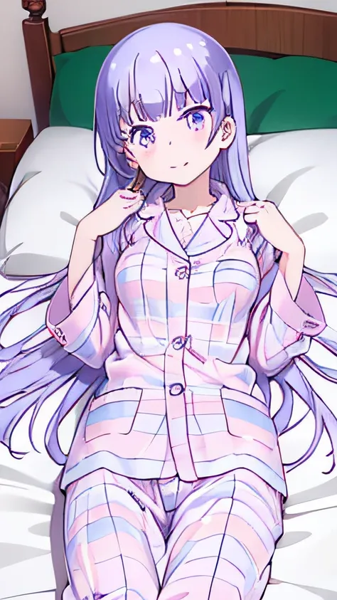 ((masutepiece)), ((Best Quality)), (Ultra-detailed), Anime style, on the bed, Cute little girl s, 1girl in, Solo, Pajamas 00, ((Beautiful eyes)), large full breasts, Smile