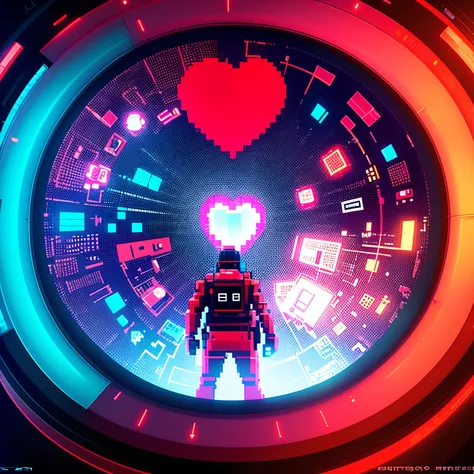 Video Game Control Inside a Heart, fondo rojo con reflejo de luz, High-resolution 8K image, imagen de 8 bits con persona animada futurista con control de video juegos, Mensaje de texto "manco"