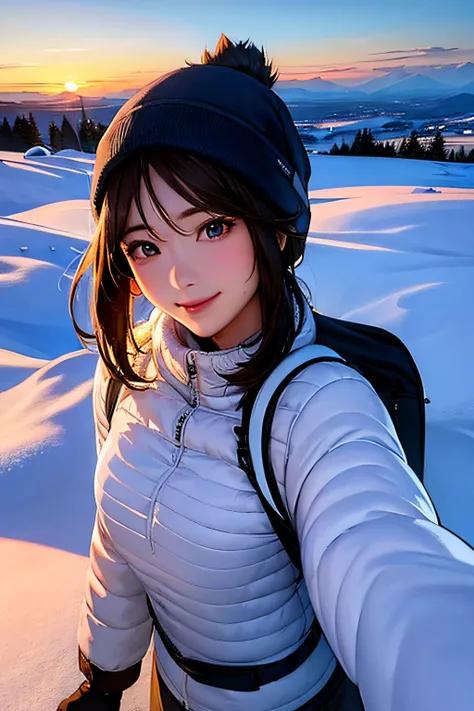 (Upper body selfie:1.3),Winter climbing,With a superb view from the summit in the background,Beautiful sunrise,Remove the beam from above,Backlighting,Generate images of beautiful women around the world,Especially while reflecting elements of Western beaut...