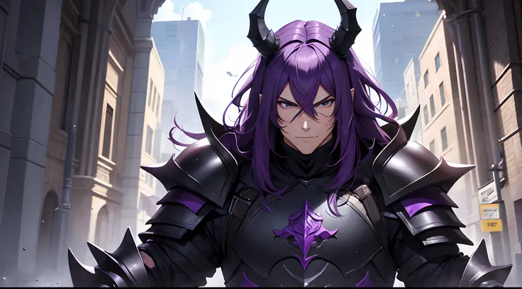 wearing a black knight armor,strong guy with long purple hairs, dragon horns