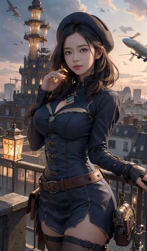 Girl srading on top of a building, Airships in the sky, Planes, Very detailed, Realistic, Traced lights, 4k, Gourgeos, Engrenagens, estilo steampunk, magica, bonnet, cabelo roxo, Pulseiras, detalhes intrincados, Paisagem de Gourgeos, arte digital, Realisti...