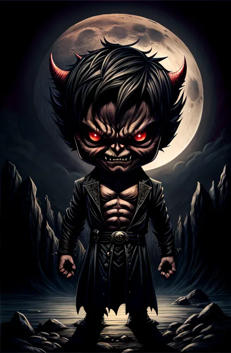 An image of a malevolent tiny demon with a big head, small body, long arms with claws, and short legs, incredibly muscular, with blazing red eyes and hair-like spikes, sporting a sinister grin in a moonlit bedroom, depicted in a highly detailed and ultra-r...