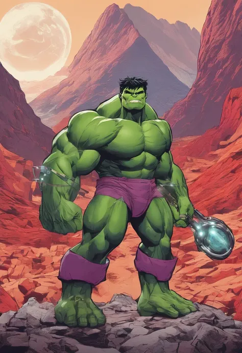 Against a backdrop of rock-strewn mountains, The Hulk carries a basket with red-colored apple