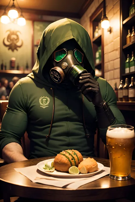 Cthulhu wearing a gas mask, Sitting on a chair in an English bar, Eating a portion of coxinha and drinking draft beer