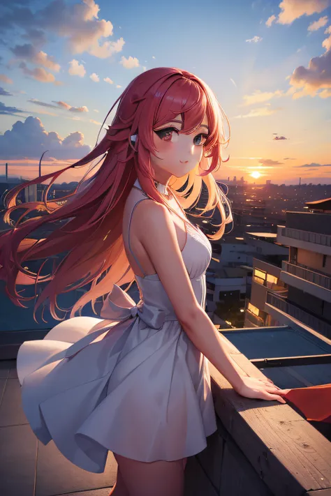 A cute girl looks at the sunset sky from a rooftop, outono, cores de outono, Folhas, brazi