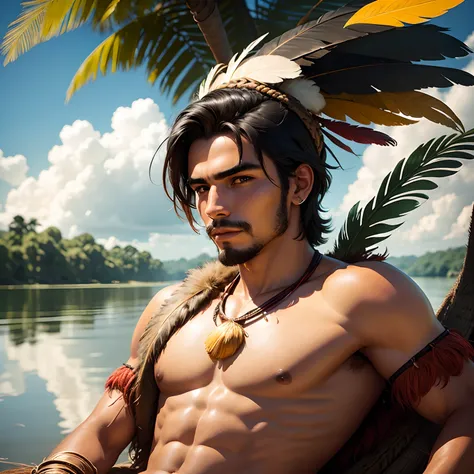 Sexy Brazilian indigenous man with short hair and feathers on his head 
on the Amazon River. amazon rainforest background.