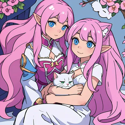 the woman, long curly hair, pink hair, blue eyes, elf, white cat, cat near the woman, furry cat, white