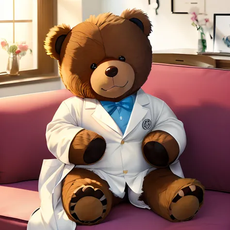 (((masterpiece))), (((anime))), (((happy fluffy teddy bear wearing a lab coat))), ((couch))