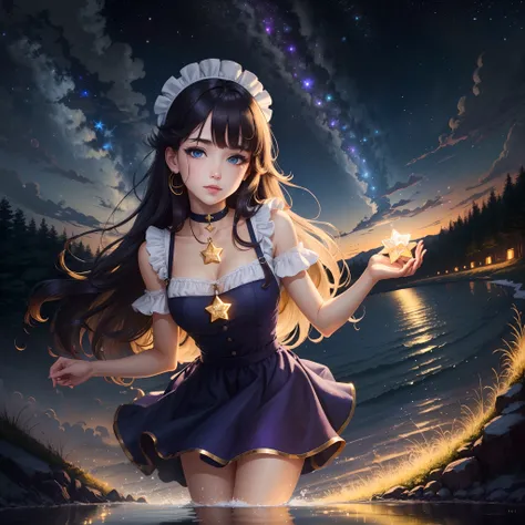 girl, It is located in the corner, Looking at the sky, Solo, Mona (GenshinImpact), Choker, hair between eye, Star (symbol), Long hair, Dark purple hair, Twin-tailed, Blue eyes, Shining eyes, Jewelry, Witch, maid, Bangs, purple black dress, Purple skirt, Wh...