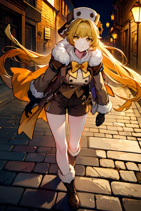 masterpiece, best quality, ((hook)), blonde hair, (yellow hair), gloves, yellow eyes, boots, 1girl, (fur trim), (jacket), bangs,...