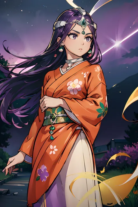 hight resolution、masterpiece、1girl in、DQ Minnea, Purple hair、circlet, earrings, Choker, Bracelet, Kimono with orange floral pattern、Being in a violent tornado、gust of wind、The Magic of the Wind、Shoot curved blades of light from your hands、Light Green Magi...