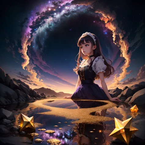 girl, It is located in the corner, Looking at the sky, Solo, Mona (GenshinImpact), Choker, hair between eye, Star (symbol), Long hair, Dark purple hair, Twin-tailed, Blue eyes, Shining eyes, Jewelry, Witch, maid, Bangs, purple black dress, Purple skirt, Wh...