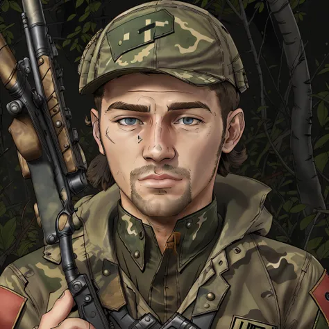 male army soldier, wearing camo, holding a rifle, in the jungle, celshaded art style