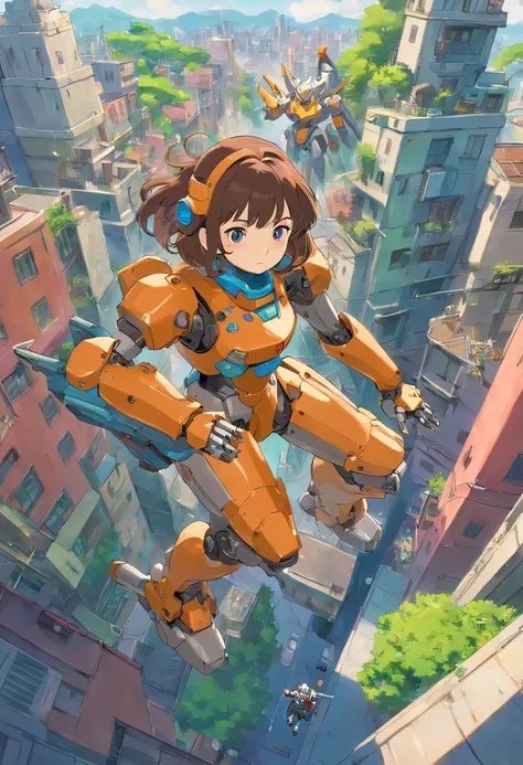 1girl, mecha, city, full body, floating, pov, from above, power armor, dynamic pose,