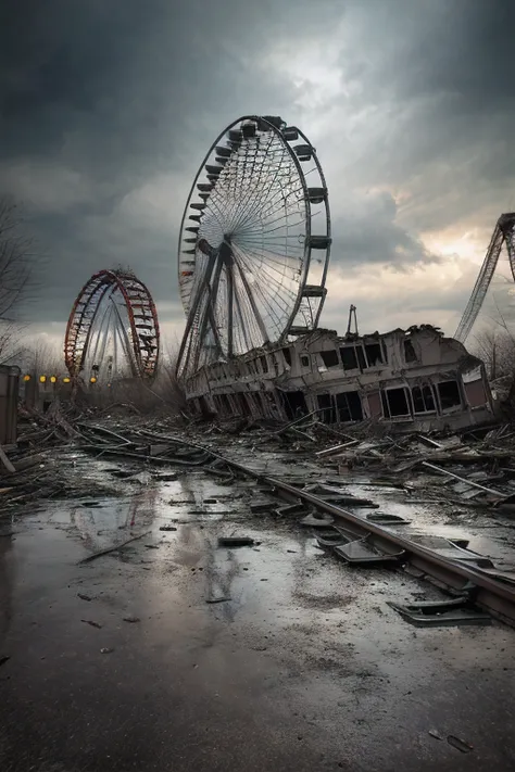 Analog photo of Apocalyptic ruins of the amusement park nuclear disaster. (roller coaster (attraction)) abandoned and faded, apocalyptic atmosphere, a strange silence reign concretized by dark clouds, uprooted trees, broken glass, destroyed monuments, ruin...