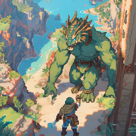 a picture taken from a video game of a giant creature in a city, pixel art by Kubisi art, Artstation contest winner, pixel art, beautiful detailed pixel art, detailed pixel artwork, detailed pixel art, 2 d digital video game art, ultra detailed game art, v...