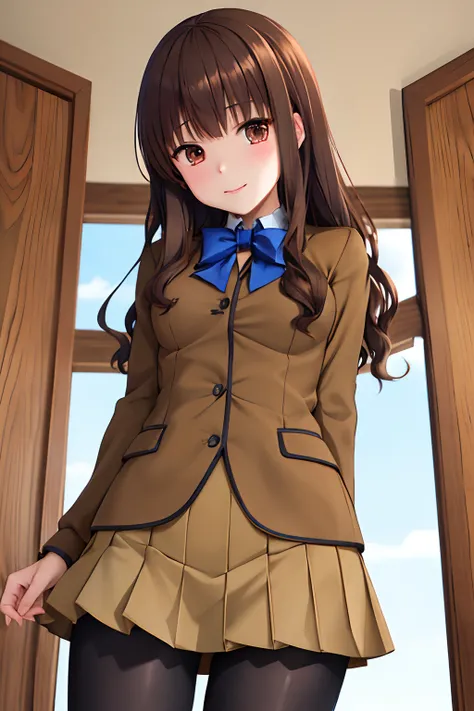 masutepiece, Best Quality, hight resolution, HMKH1, blue bowtie, blue bow, Brown skirt, Brown jacket, Black pantyhose, School uniform, Cowboy Shot, a miniskirt、Opening legs、View from below