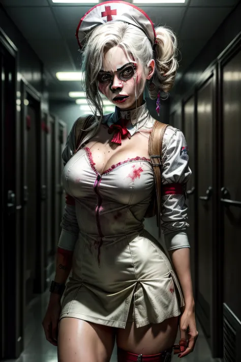 "Personagem da Arlequina do filme Zombie clasic Nurse Suicide Squad" (roupa enfermeira classica de branco em um hospital muito sangue no local lugar repleto de sangue)