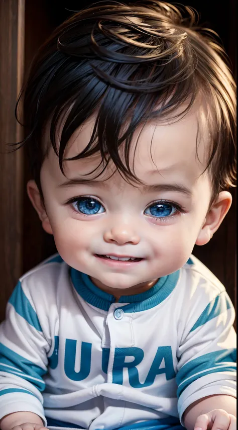 Ultra high quality, ultra high definition, ultra sharpness, 8K, a very cute baby boy, 1 year old, alone, wearing a childrens clothes, portrait, ultra detailed eyes, ultra detailed irises, completely identical irises, cheerful smile