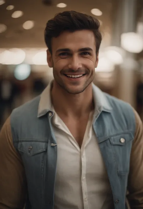 A very Realistic  portrait of a man in a mall environment. Male, (highly detailed skin:1.1), smile, Perfect Slim body, PHOTOREALISTIC, Realistic, Dramatic Lighting, Short hair, unshaved, Smart look.