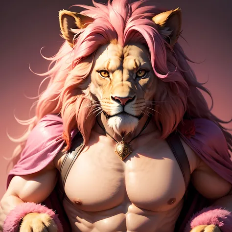 A anthropomorphic lion with a pink mane