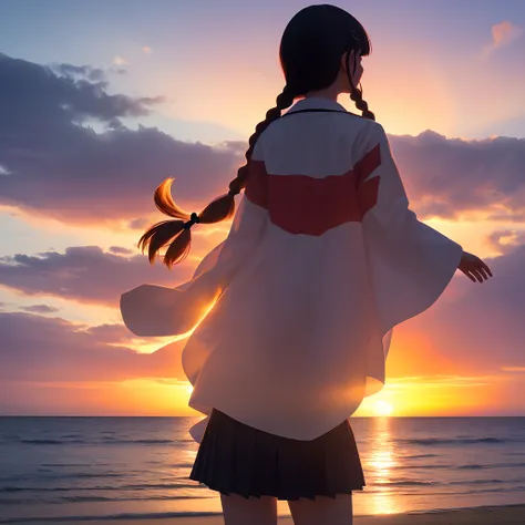 1girl in, Solo,Smile, Beach,(Sunset:1.1),  akagi_Rin(Denchi Project), Solo,  Star hair ornament, Twin braids,spark of light, from behind, Looking back, Huge sunset,Red Floating, uniform, Night, Waving, Sea