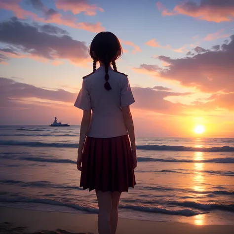 1girl in, Solo,Smile, Beach,(Sunset:1.1),  akagi_Rin(Denchi Project), Solo,  Star hair ornament, Twin braids,spark of light, from behind, Looking back, Huge sunset,Red Floating, uniform, Night, Waving, Sea