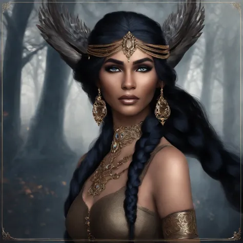 create a woman character, with Brown skin , blue hair With small braids and gray eyes, the character must have ice magic and an arrogant expression on her face, The image must have dark tones and the character must look like something from a fantasy book, ...