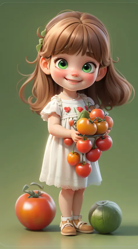 3d, a little baby girl, cute miniature, pixar style, light brown hair, straight hair, hair with bangs, white skin, green eyes, holding cherry tomatoes, white dress, she is smiling, full body