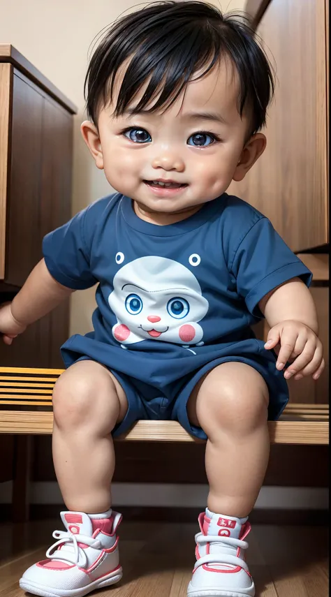 Ultra high quality, ultra high definition, ultra sharpness, 8K, a very cute asian baby boy, 1 year old, alone, wearing a funny childrens clothes, portrait, ultra detailed eyes, ultra detailed irises, completely identical irises, cheerful smile