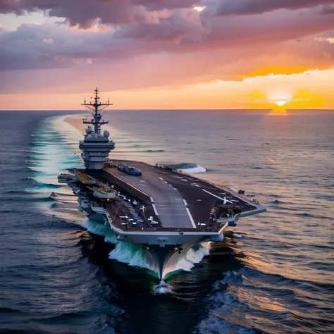 a big ship sailing on the ocean at sunset, aircraft carrier, uss nimitz, aircraft carrier scene, on aircraft carriers, realistic...