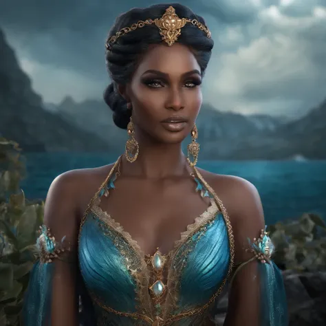 create a mermaid woman character, with Brown skin , blue hair With small braids and gray eyes, the character must have ice magic and an arrogant expression on her face, The image must have dark tones and the character must look like something from a fantas...