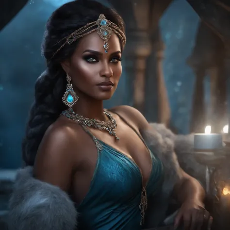 create a mermaid woman character, with Brown skin , blue hair With small braids and gray eyes, the character must have ice magic and an arrogant expression on her face, The image must have dark tones and the character must look like something from a fantas...