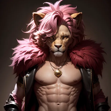 A anthropomorphic boy lion with a pink fur, in a dark environment