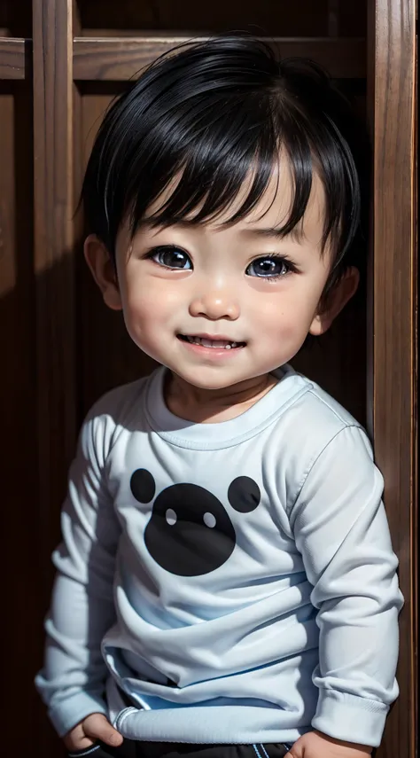 Ultra high quality, ultra high definition, ultra sharpness, 8K, a very cute asian baby boy, 1 year old, alone, wearing a  childrens clothes, portrait, ultra detailed eyes, ((black eyes)), ultra detailed irises, completely identical irises, cheerful smile