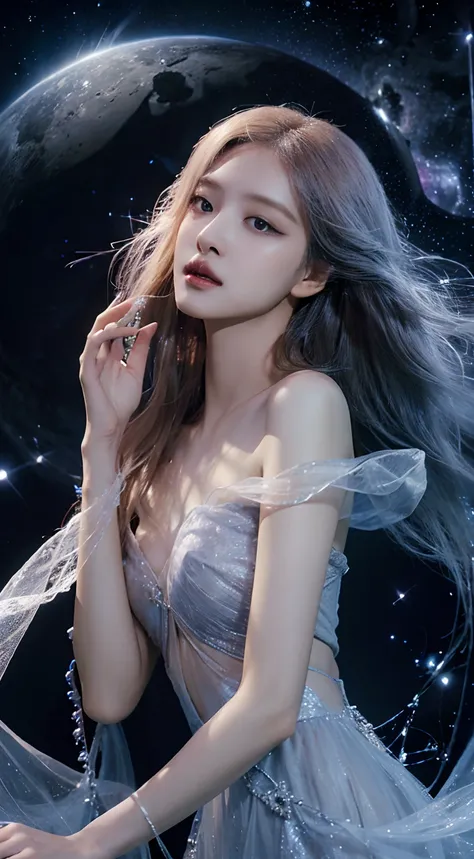 (best quality,4k,8k,highres,masterpiece:1.2),ultra-detailed,realistic:1.37,girl,beautiful dress,galaxy background,sparkling stars,ethereal atmosphere,vibrant colors,elegance,mystical,celestial,moonlight,reflection,flowing fabric,graceful pose,gentle expres...