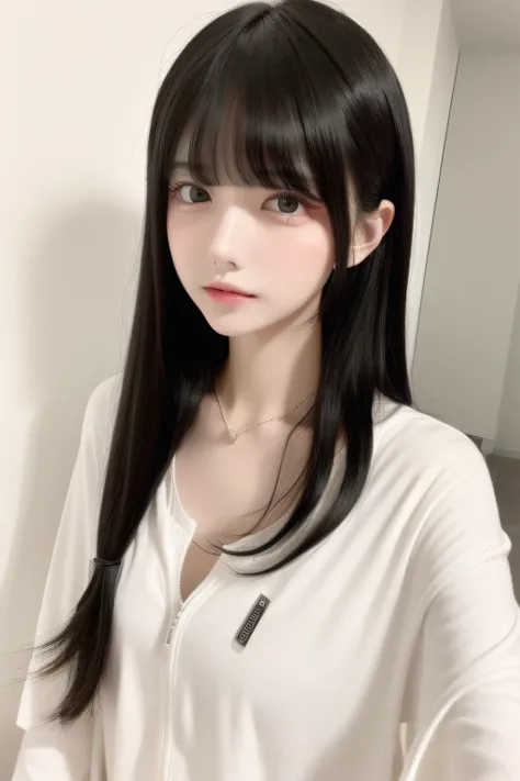 top-quality、8K、32K、​masterpiece、nffsw:1.2)、1girl in、One girl、A dark-haired、Heavy bangs、long hair to the chest、onepiece、Cute clothes、White wall background、Focus on the face、Focus on the face