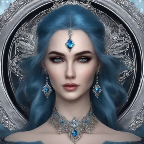 create a woman character, with white skin , blue hair With small braids and gray eyes, the character must have ice magic and an arrogant expression on her face, The image must have dark tones and the character must look like something from a fantasy book, ...