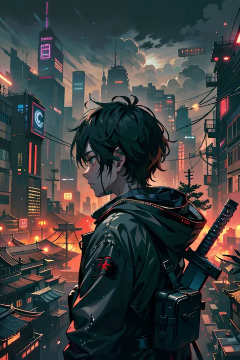 1boy,a 13 yo boy、Cyberpunk Boy、Black attire、katanas,machine gun、Whole body bloody、The beginning of the adventure、Lots of clouds,heavy fog、Chaotic city of the future、ruined and devastated city、dystopian、A very complex group of buildings stands in the center...