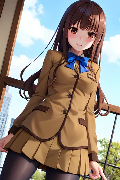 masutepiece, Best Quality, hight resolution, HMKH1, blue bowtie, blue bow, Brown skirt, Brown jacket, Black pantyhose, School uniform, Cowboy Shot, a miniskirt、Opening legs、View from below